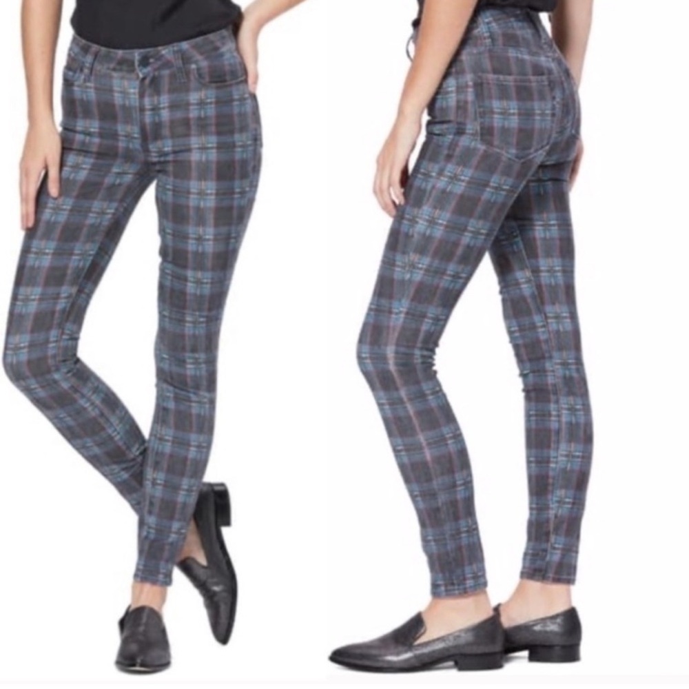 PAIGE Plaid Skinny Jeans in Blue and Gray Tones